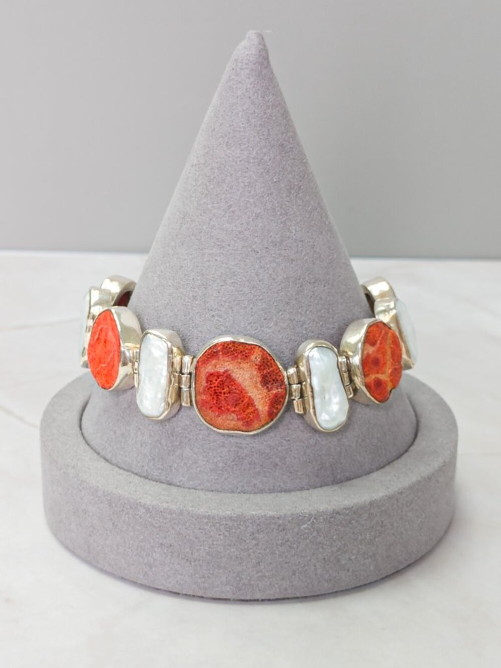 Sterling Silver Coral & Pearl Link Bracelet – Adjustable 7.75"–8.5" – Artisan